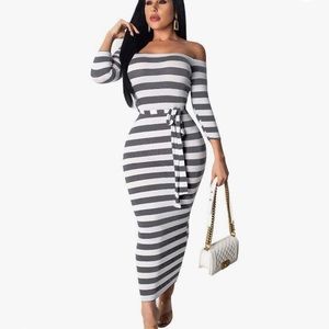 Off shoulder NEW Gray&White Sexy and Fashionable  Long Sleeves Maxy Dress.